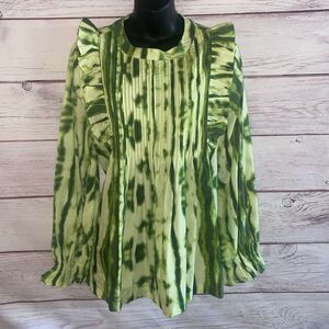 Samant Chauhan Womens L Green Ruffle Pintuck Blouse Abstract Print 100% Cotton